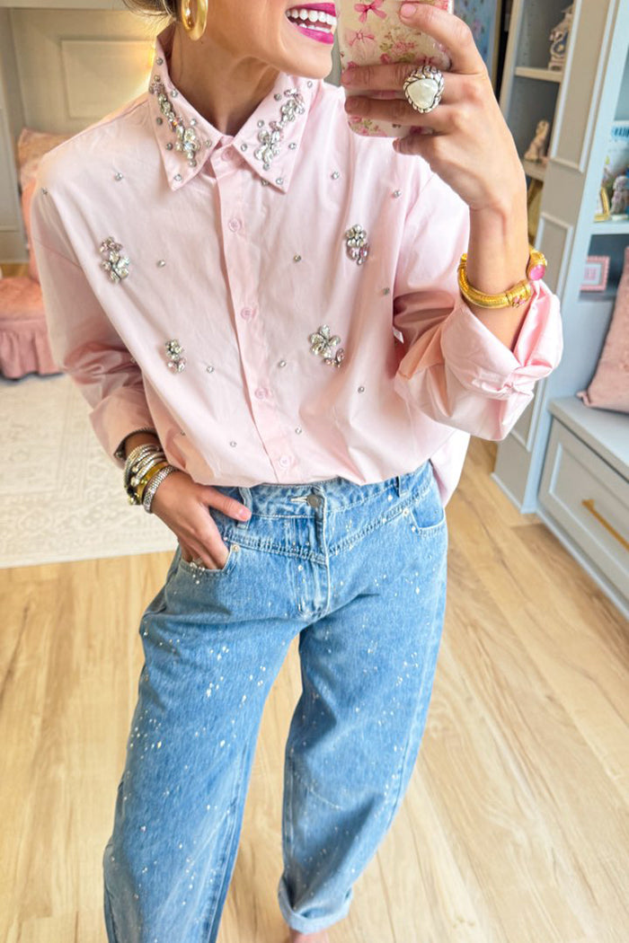 Casual Pink Rhinestone Detail Button Up Top
