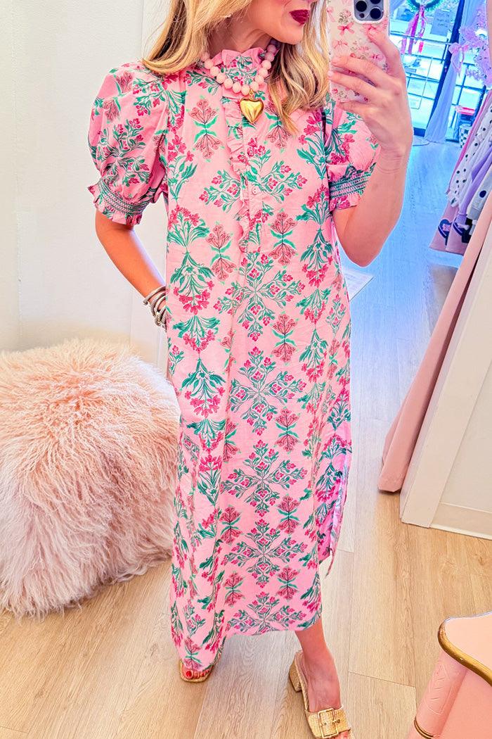 Botanical Puff Sleeve Midi Dress