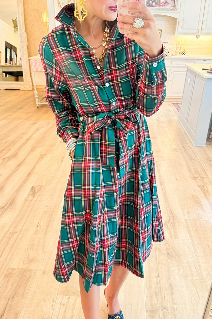 Hunter Green Multi Plaid Midi Dress
