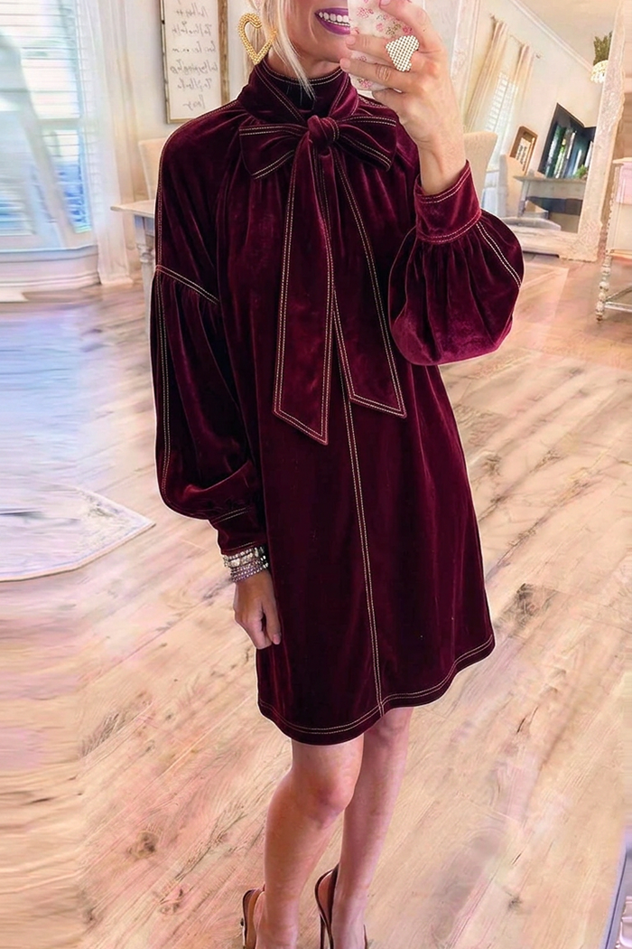 Burgundy Velvet Bow Neck Balloon Sleeve Shift Dress