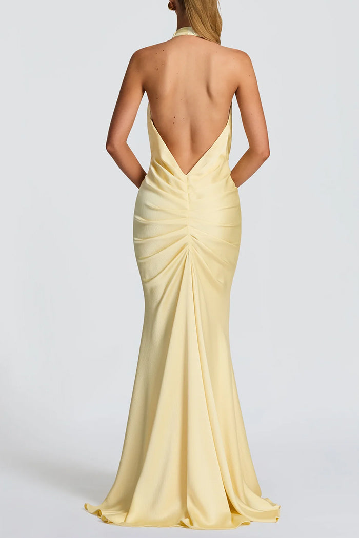 Plunge Halter Open Back Ruched Maxi Dress