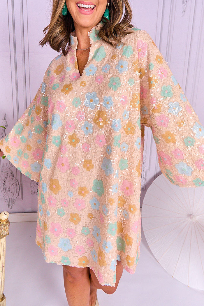 Pastel Floral Sequin Caftan Dress