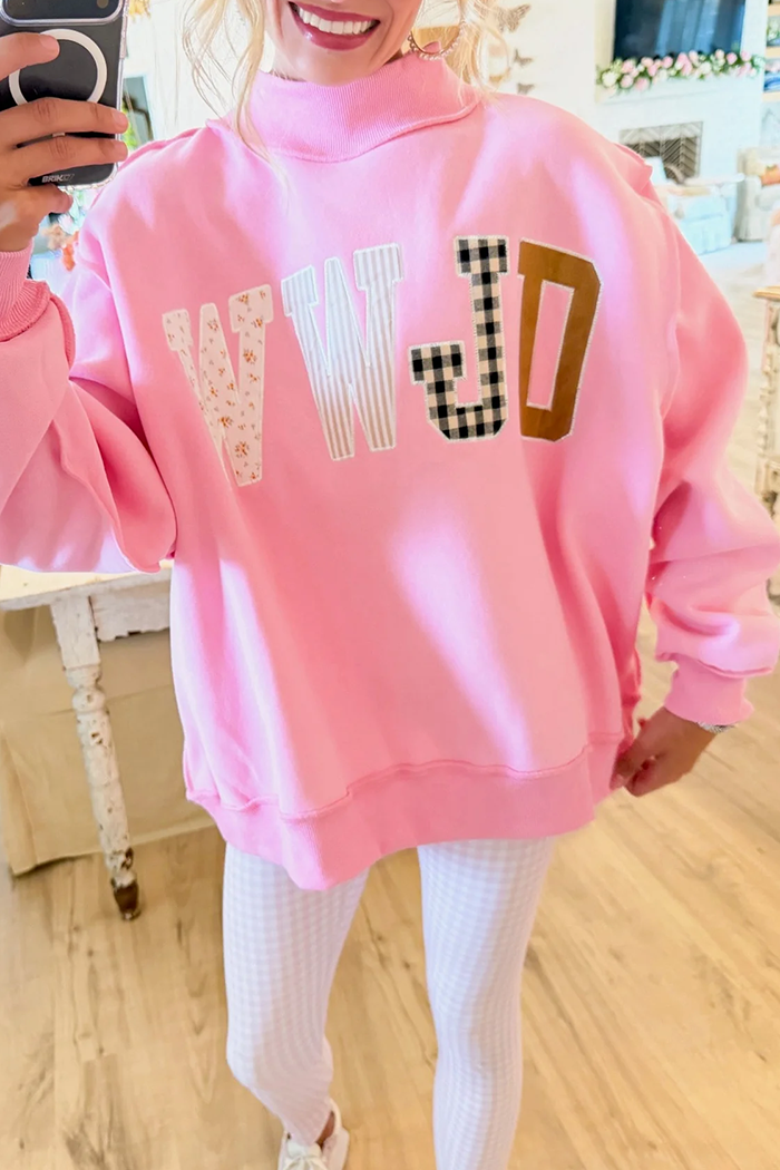 Pink Letter Print Mock Neck Long Sleeve Sweatshirt