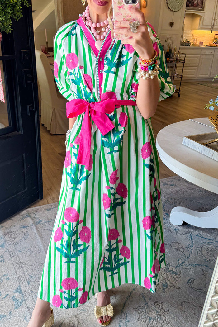 Stripe Floral Pocketed Maxi Dress
