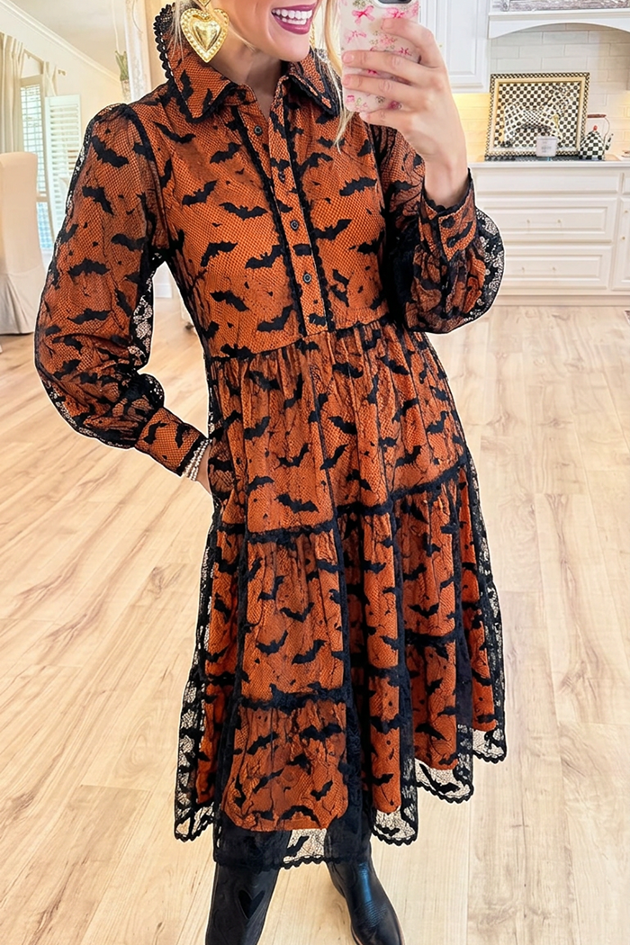 Orange Collared Lace Overlay Halloween Bat Motif Pocket Tiered Dress