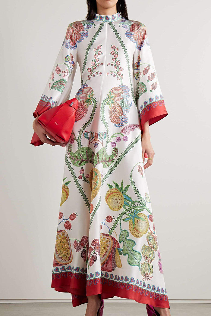 Tropical Fruit Print High-Neck Maxi Dress