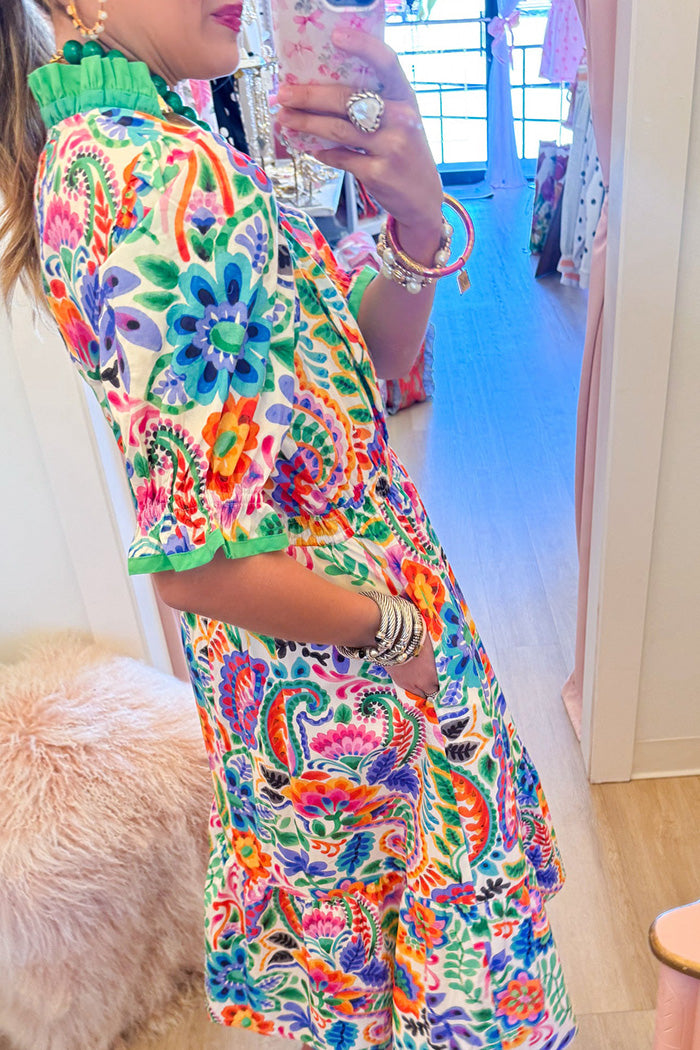Multi Floral Ruffle Trim Pocket Midi Dress