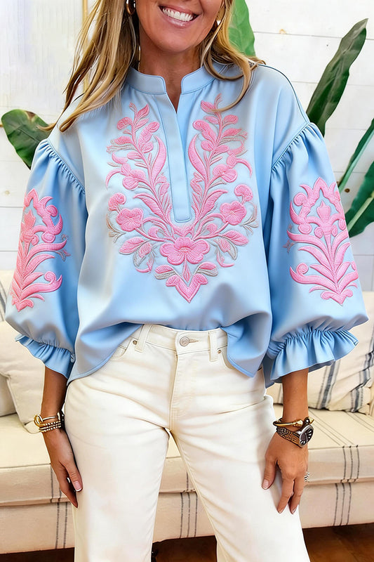 Embroidered Ruffle Cuff Top