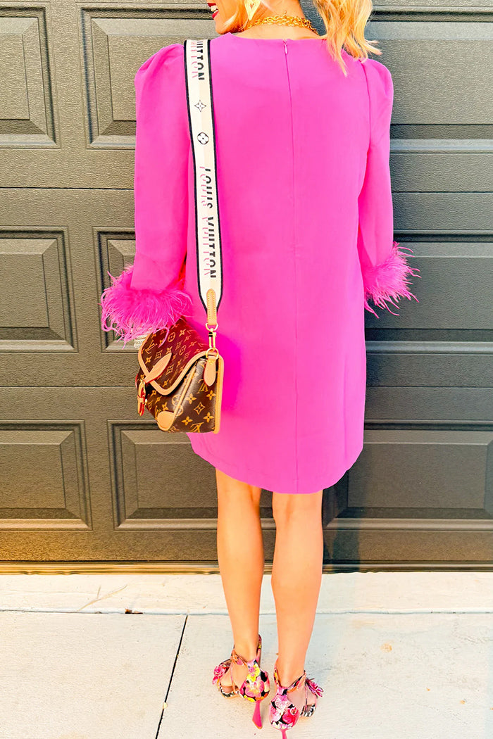 Hot Pink Feather Trim Pocket Shift Dress
