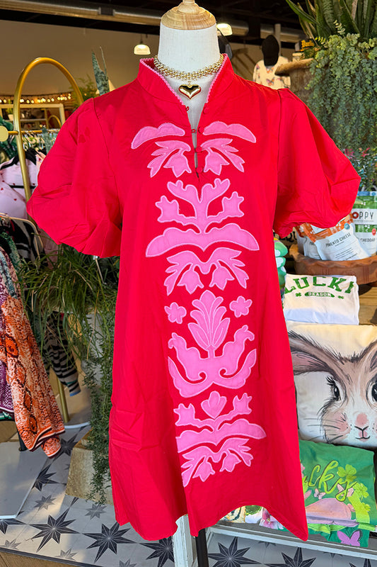 Red Contrast Printed Pocket Dress