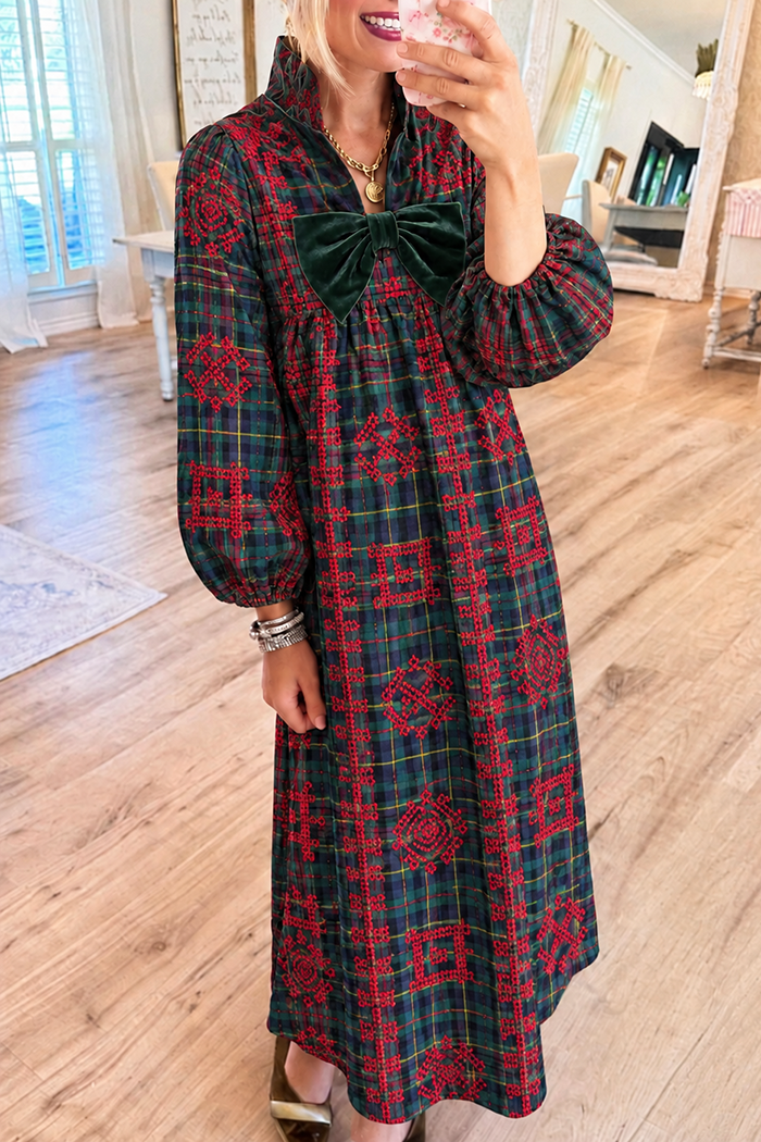 Embroidered Plaid Green Velvet Bow Maxi Dress