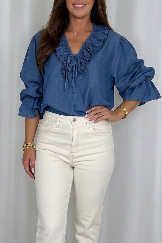 Chambray Blue Ruffle Neck Top