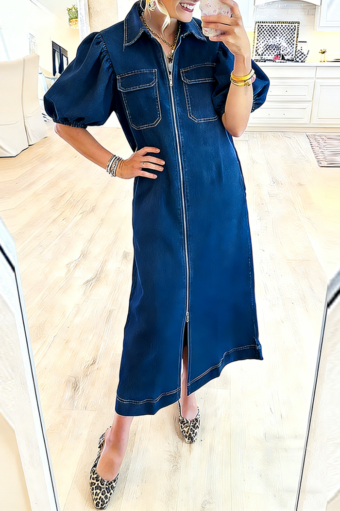 Collared Puff Sleeve Full Zip Chest Pocket Denim Maxi Dress