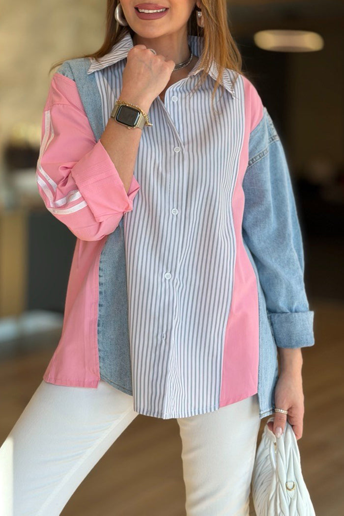 Color Block Denim Pinstripe Shirt Top
