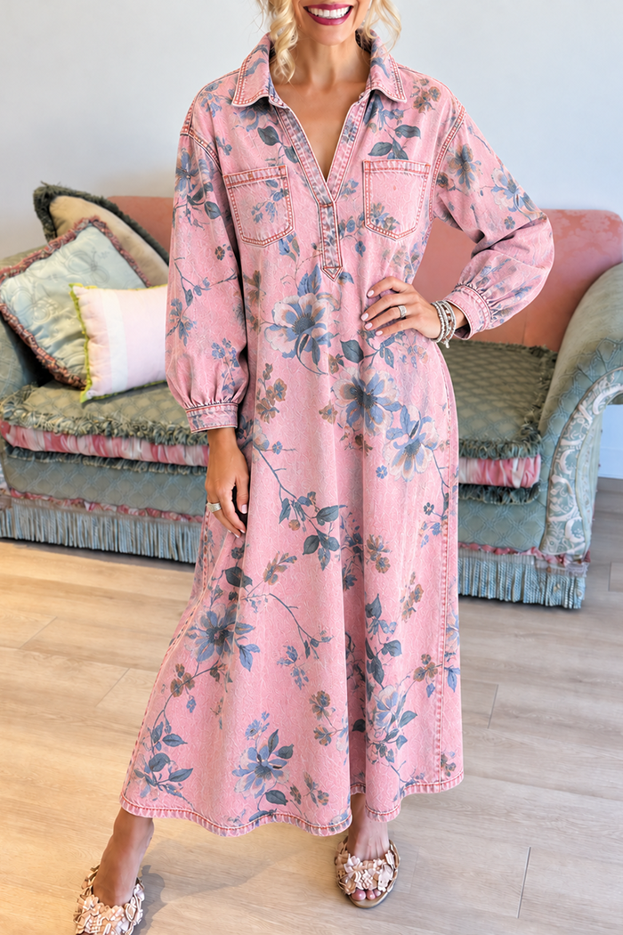 Pink Floral Denim Maxi Dress