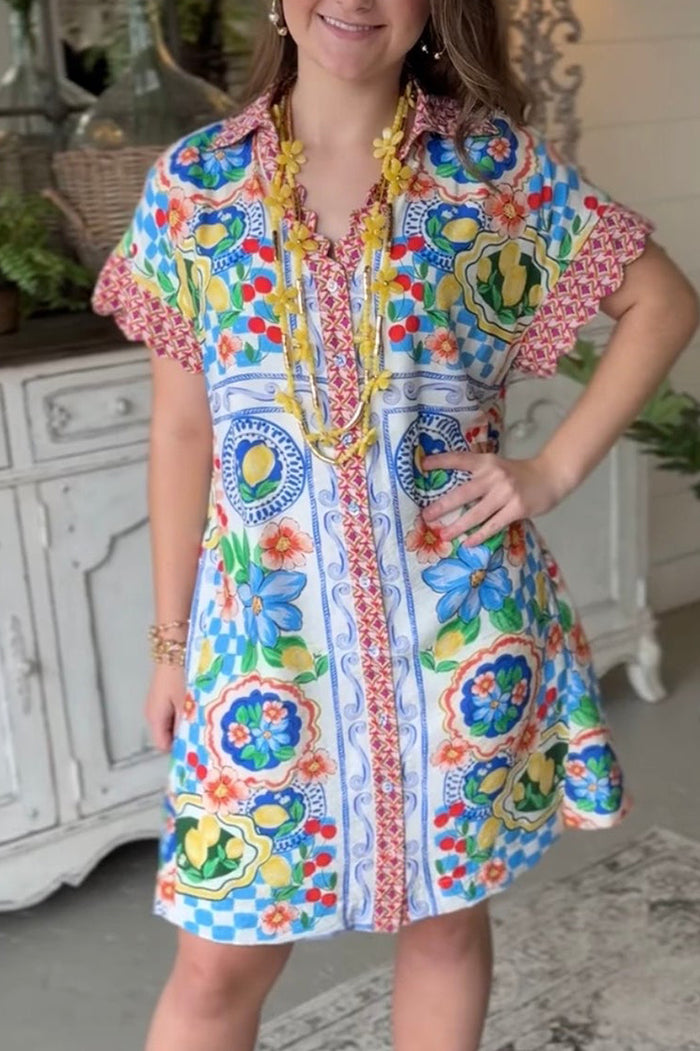 Vibrant Floral Collared Short Sleeve Dress