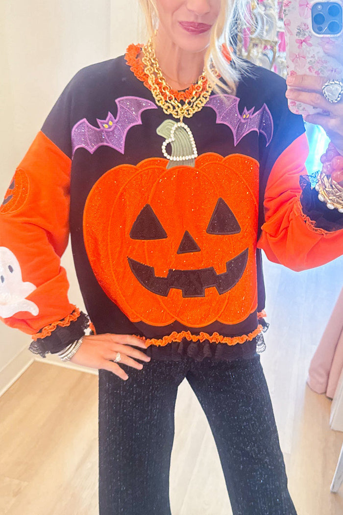 Halloween Pumpkin Lace Trim Sequin Bead Long Sleeve Sweatshirt