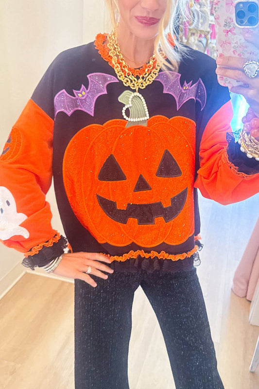 Halloween Pumpkin Lace Trim Sequin Bead Long Sleeve Sweatshirt