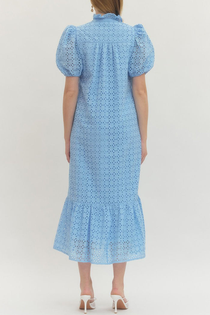 Puff Sleeve Ruffle Eyelet Midi Dress