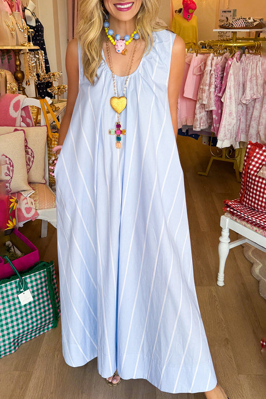 Light Blue Sleeveless Stripe Pocket Maxi Dress