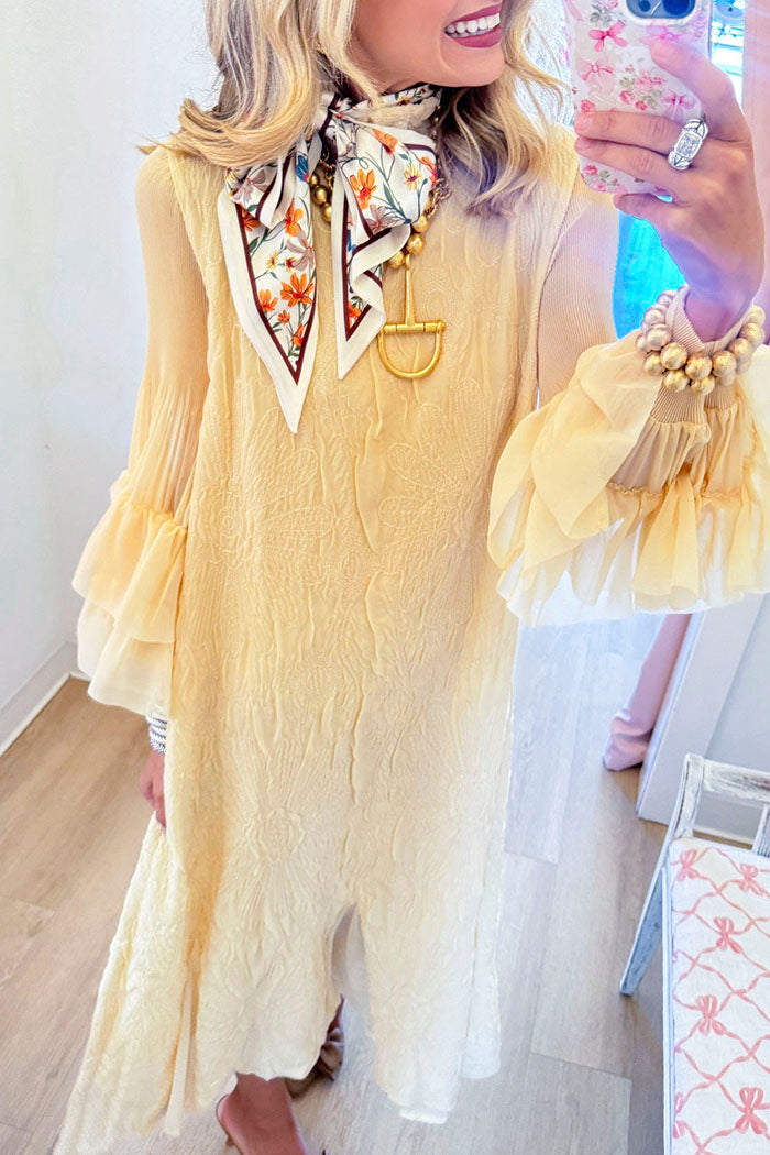 Floral Embroidered Ruffle Bell Sleeve Crinkle Dress