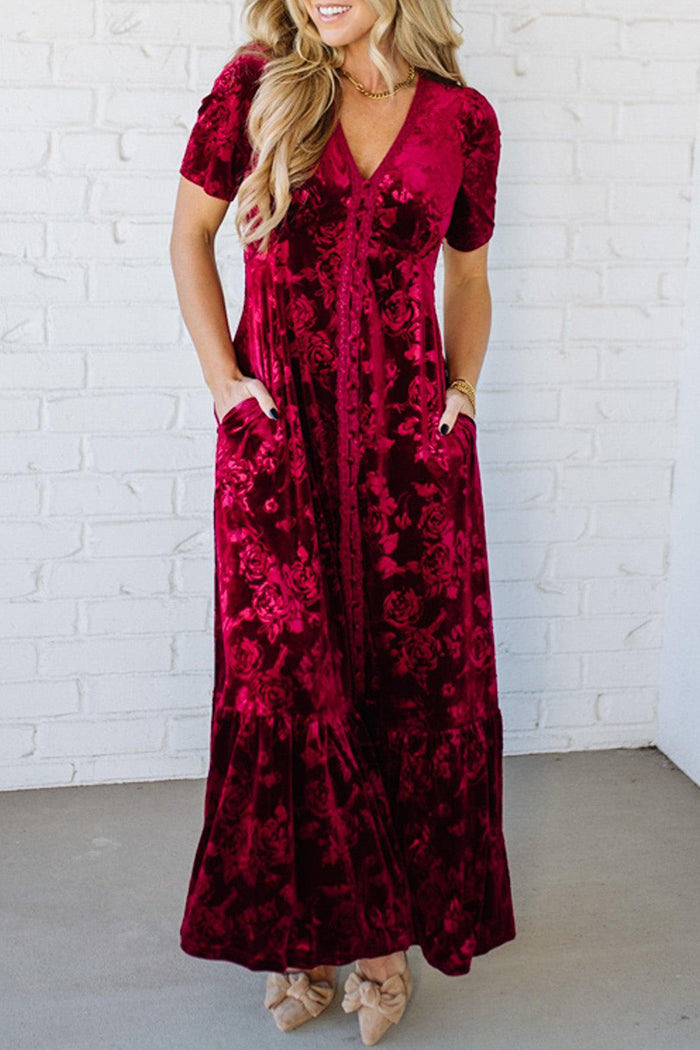 Embossed Button Front Pocket Velvet Maxi Dress