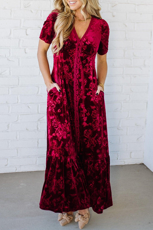 Embossed Button Front Pocket Velvet Maxi Dress