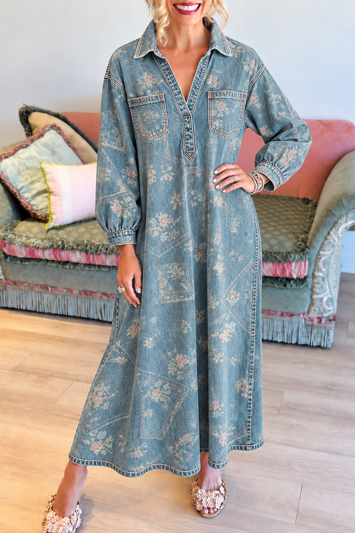 Blue Floral Denim Maxi Dress