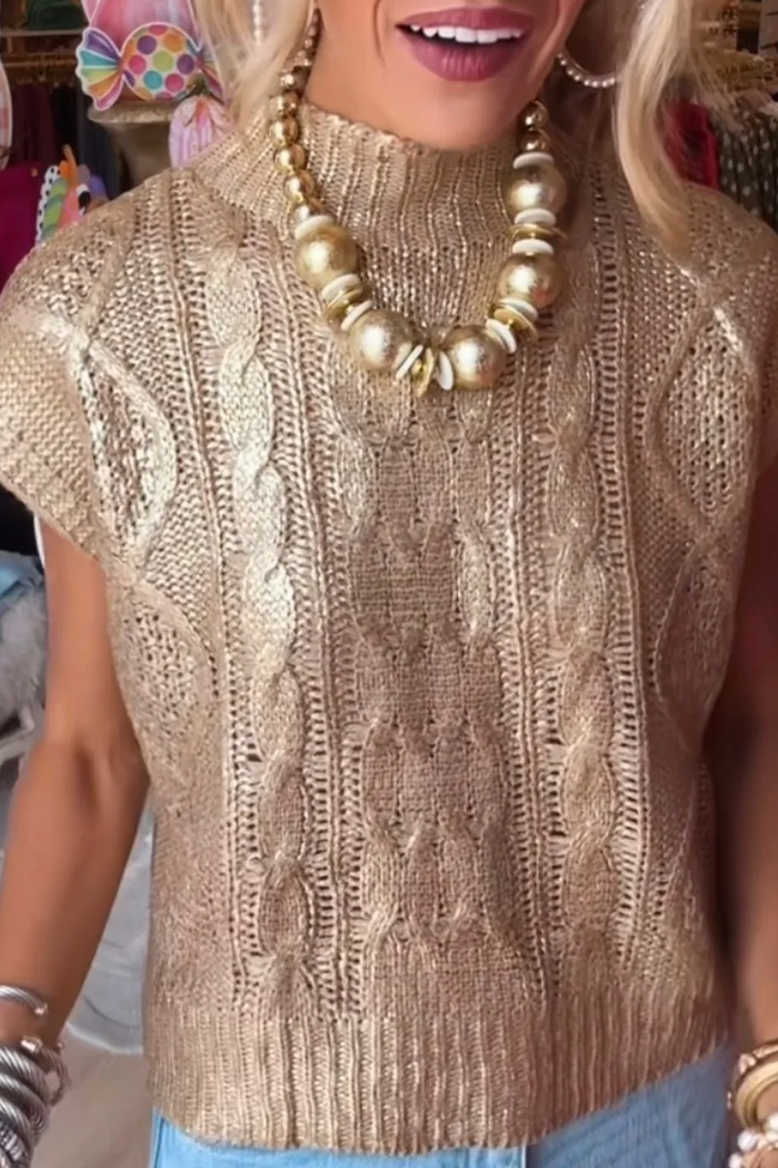Gold Metallic Mock Neck Cable Knit Cap Sleeve Sweater Top