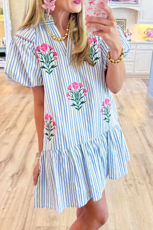 Striped Puff Sleeve Floral Embroidered Dress