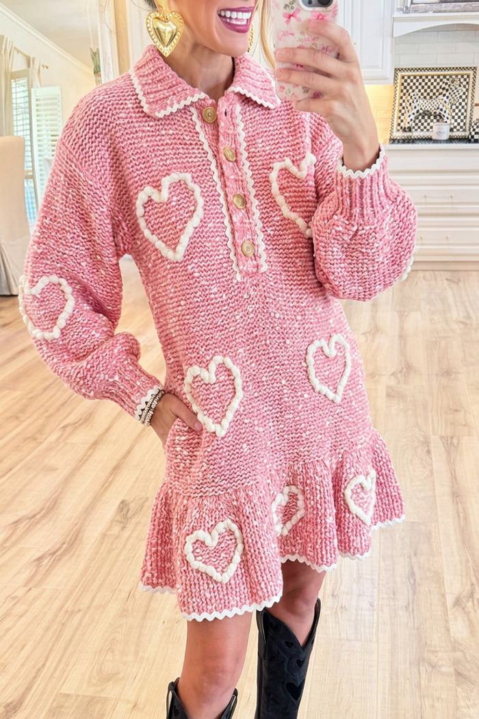 Pink Crochet Heart Pockets Ruffle Hem Knit Dress