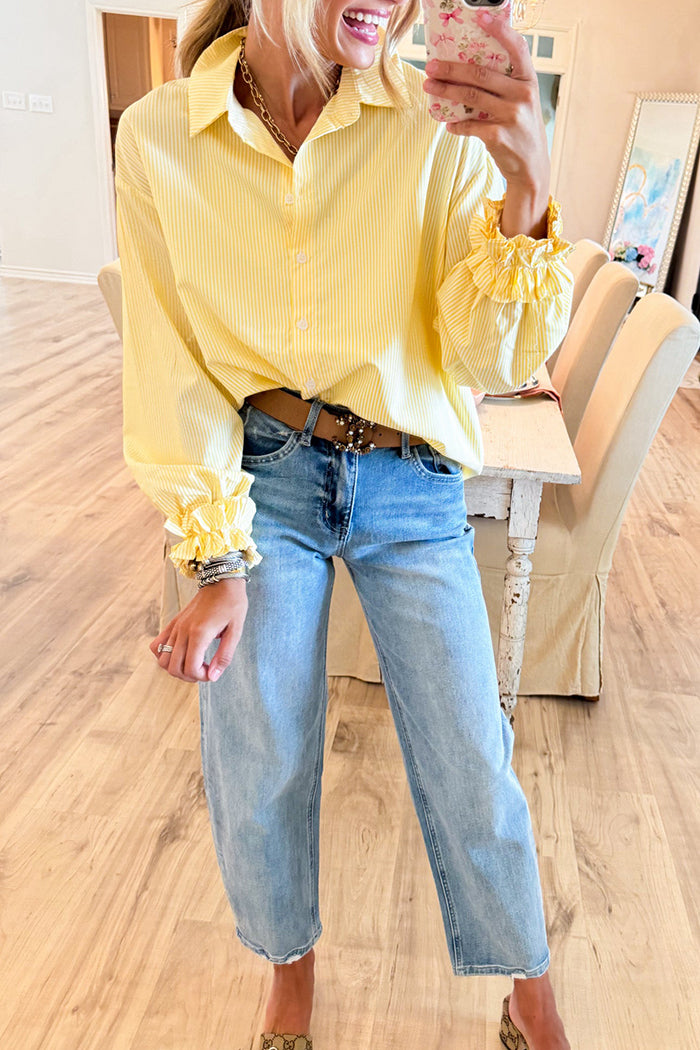 Casual Yellow Stripe Ruffle Detail Top