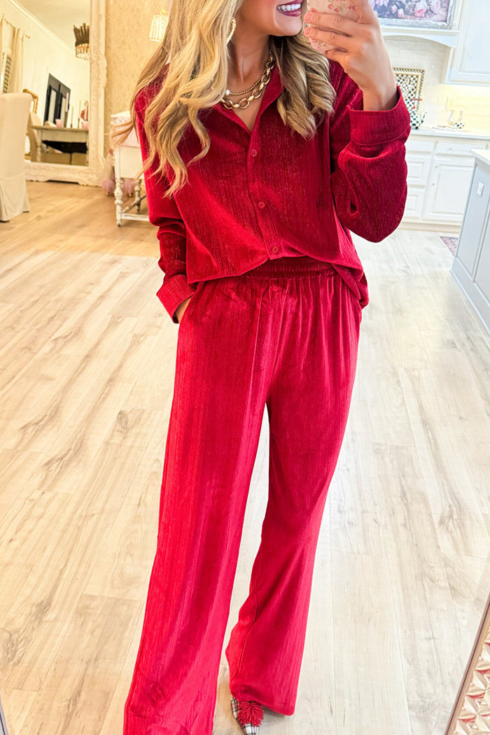 Red Velvet Button Up Pockets Set