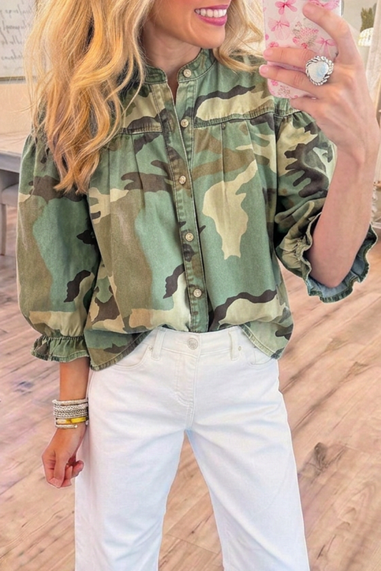Camo Button Front Ruffle Cuff Puff Sleeve Top