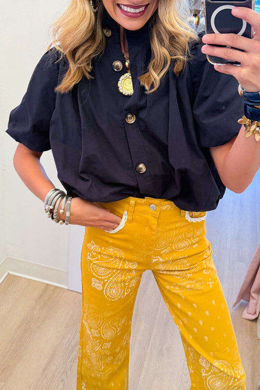 Black Puff Sleeve Bubble Hem Top