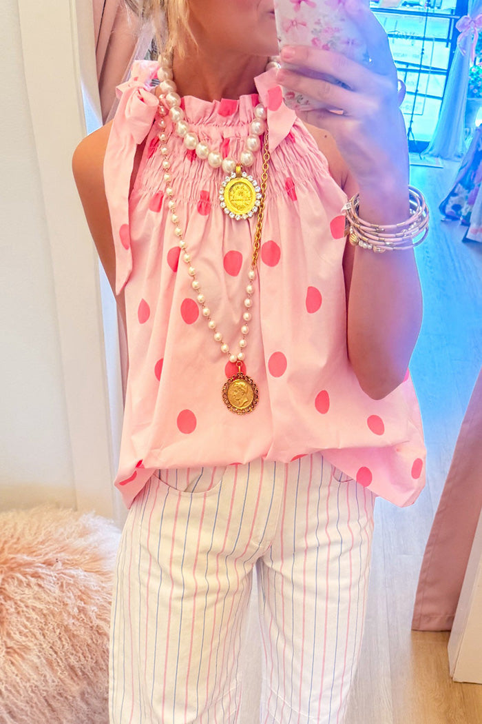 Pink Polka Dot Bow Sleeveless Top