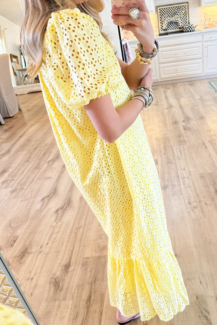 Eyelet Short Puff Sleeve Midi Dress