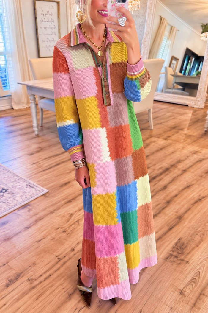 Color Block Knit Pocket Maxi Dress