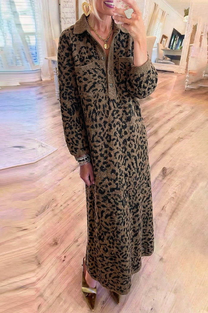 Brown Leopard Jacquard Knit Collared Maxi Dress