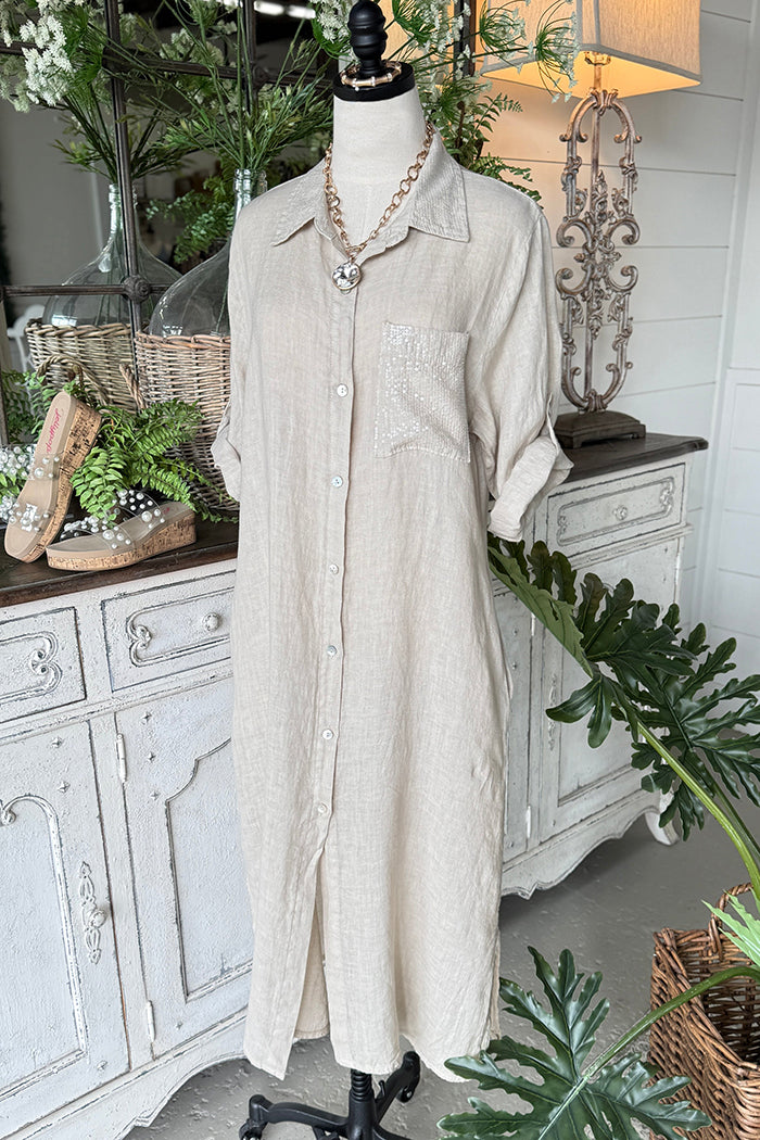 Sequin Pocket Roll Tab Sleeve Shirt Dress