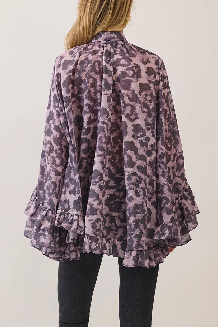 Leopard Ruffle Tie Neck Top
