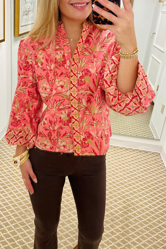 Floral Mandarin Collar Balloon Sleeves Top