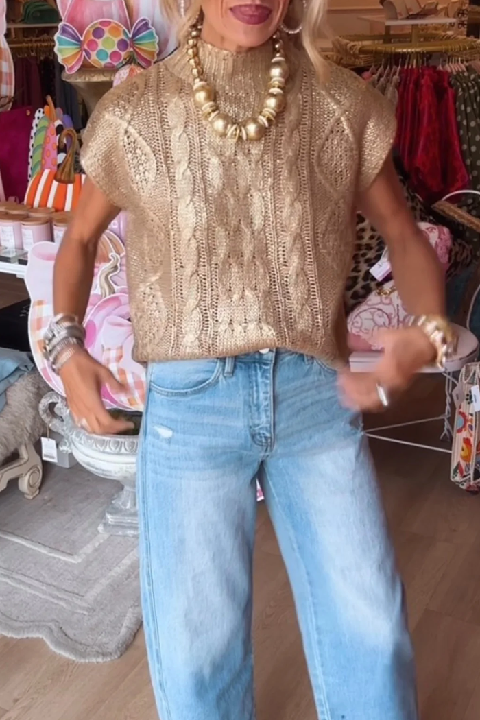 Gold Metallic Mock Neck Cable Knit Cap Sleeve Sweater Top