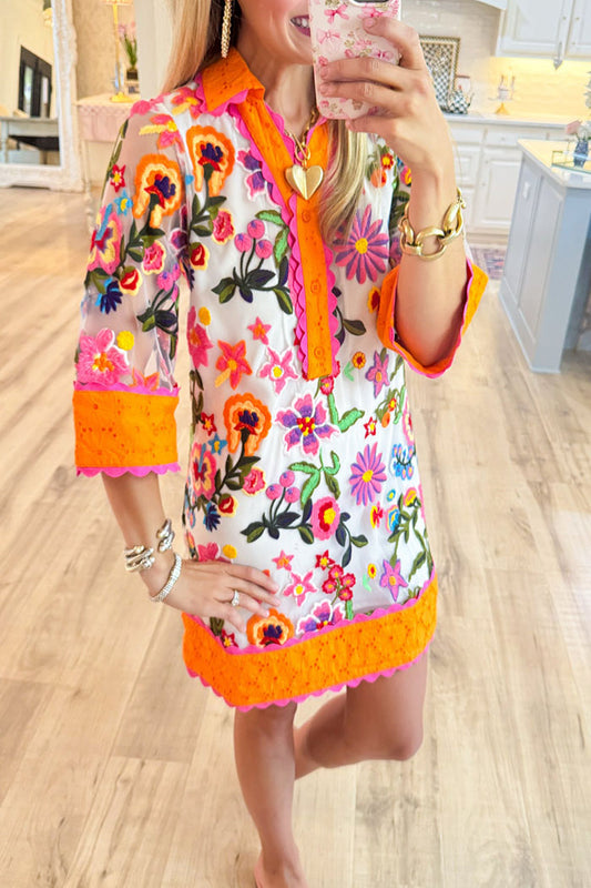Floral Embroidered 3/4 Sleeves Dress