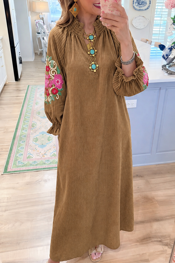 Ruffle Neck Embroidered Pocket Corduroy Maxi Dress