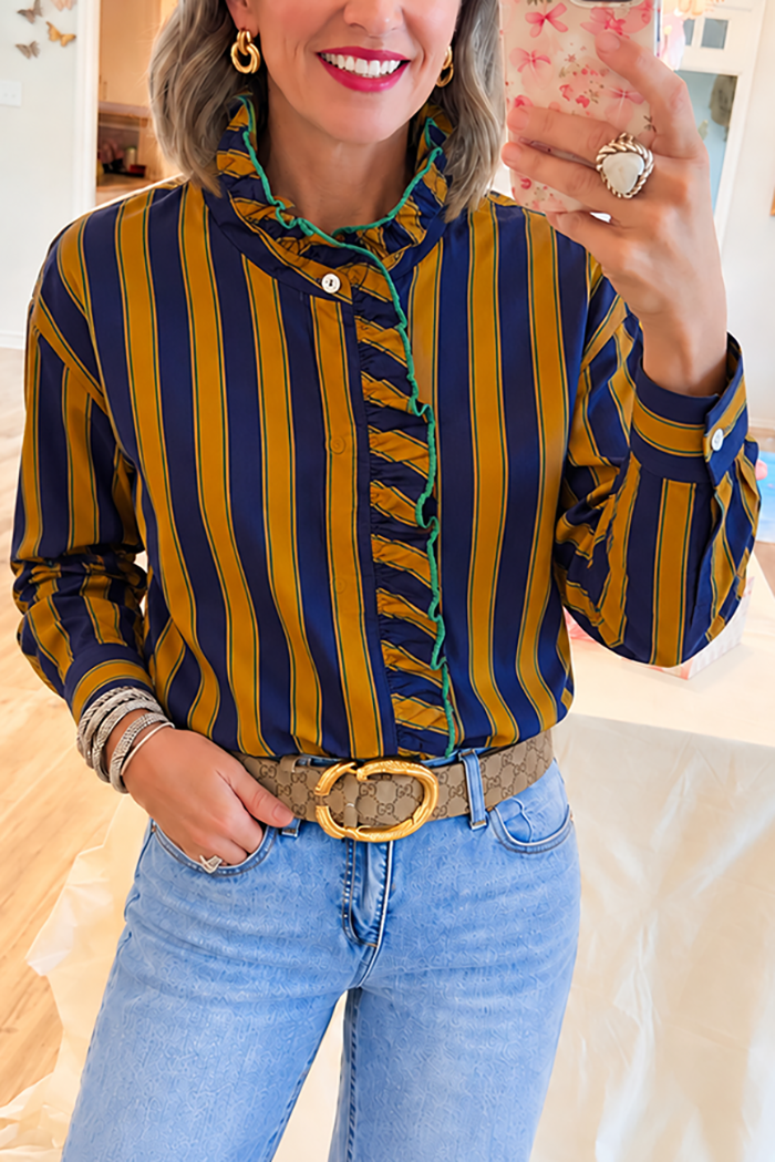 Navy and Golden Striped Ruffled Trim Top