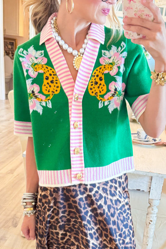 Green And Pink Tiger Print Cardigan