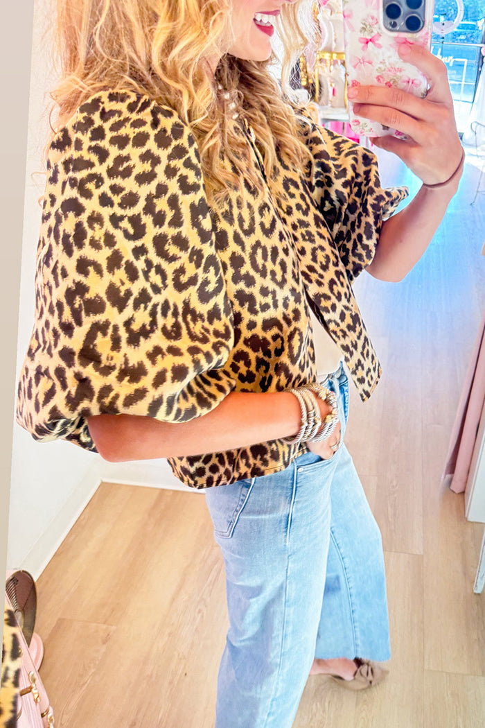 Leopard Balloon Sleeve Cropped Jacket