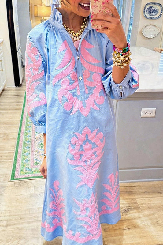 Ruffle Collar Embroidered Long Sleeve Maxi Dress