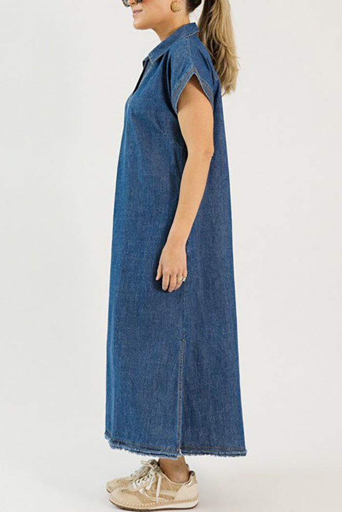 Denim Pocket Split Raw Hem Midi Dress